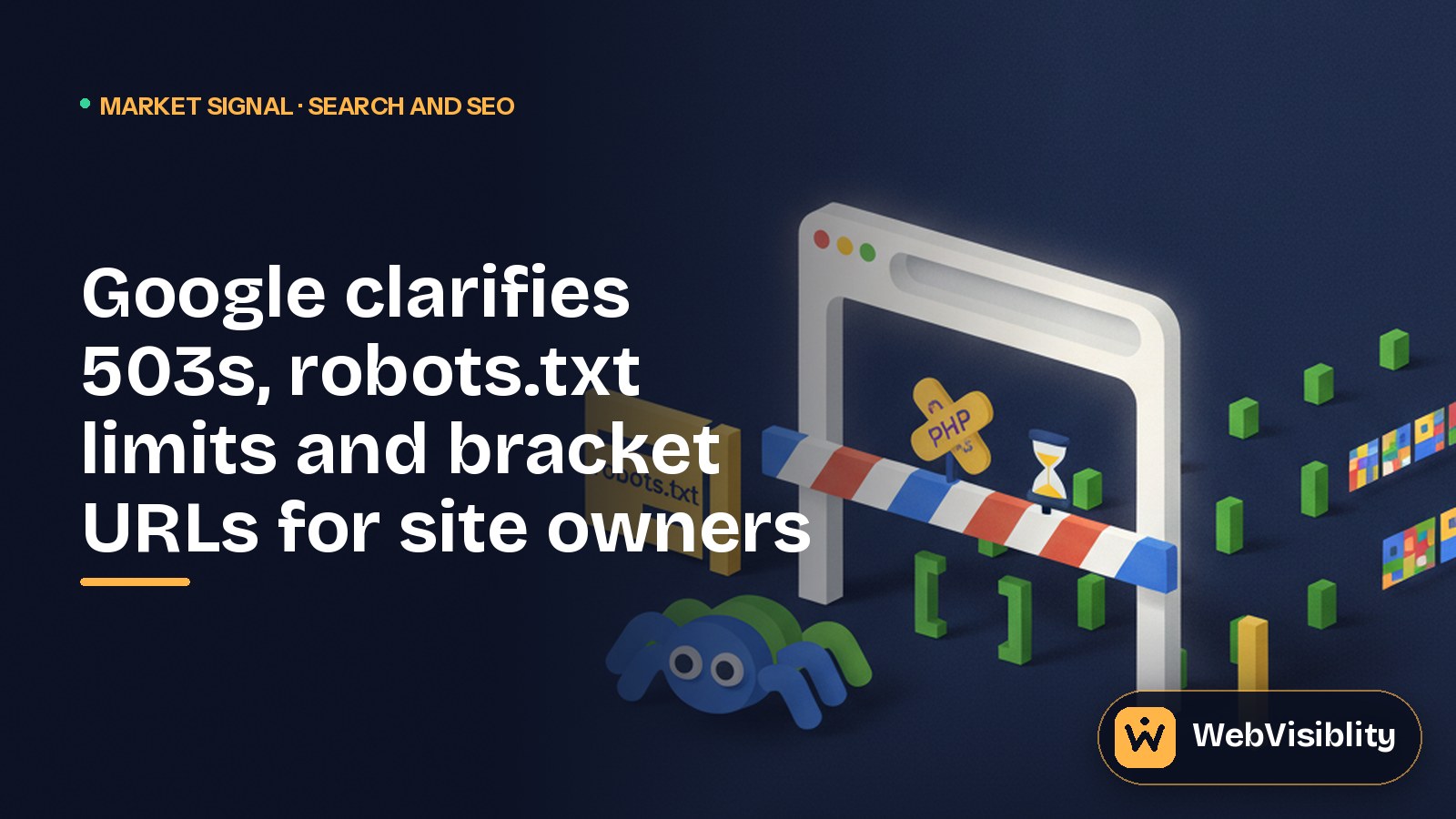 A Google-coloured crawler bot waits at a lowered barrier on a website gate with a short hourglass, beside narrow lanes for robots rules, bracket URLs and images