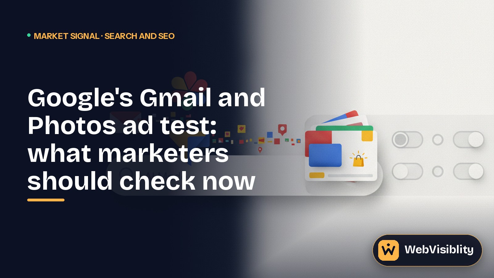 Gmail and Photos shapes feed data ribbons into a Google-coloured AI search bar that outputs an ad card, while grey control dials sit behind glass.